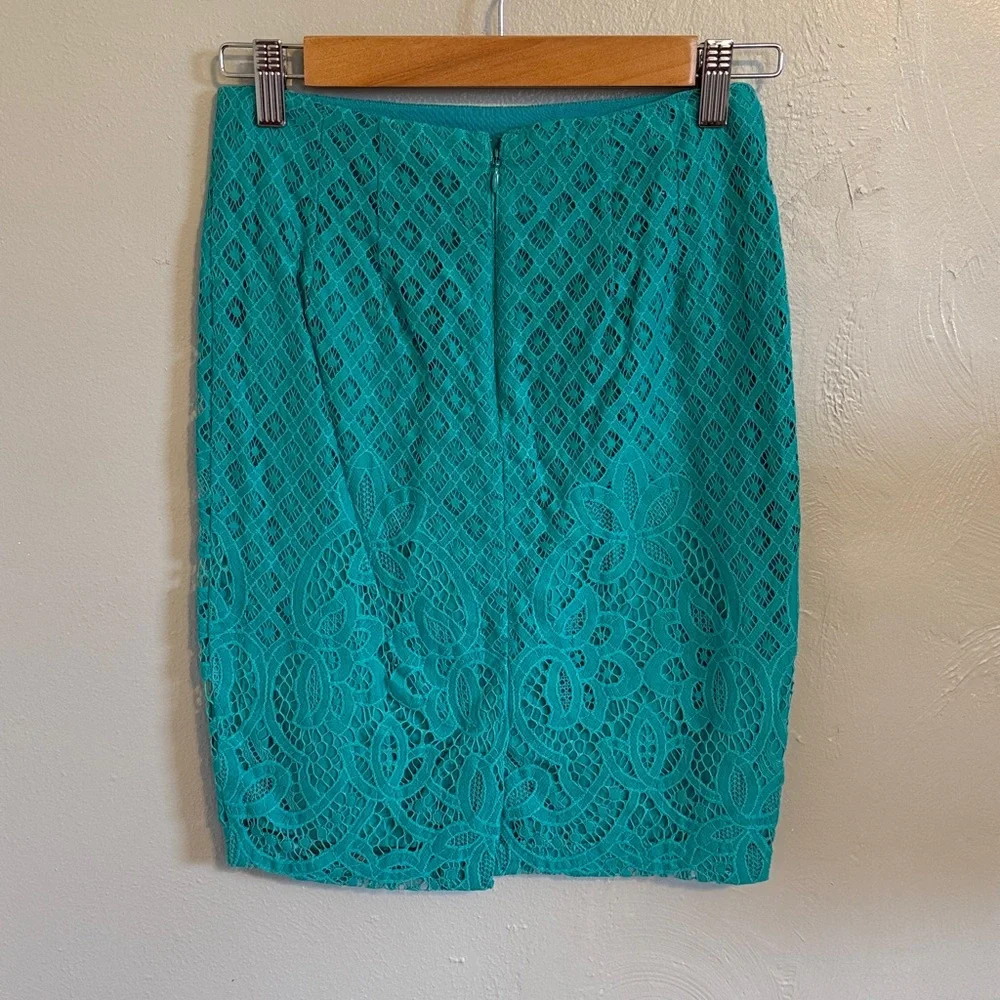 LOFT green teal lace pencil skirt